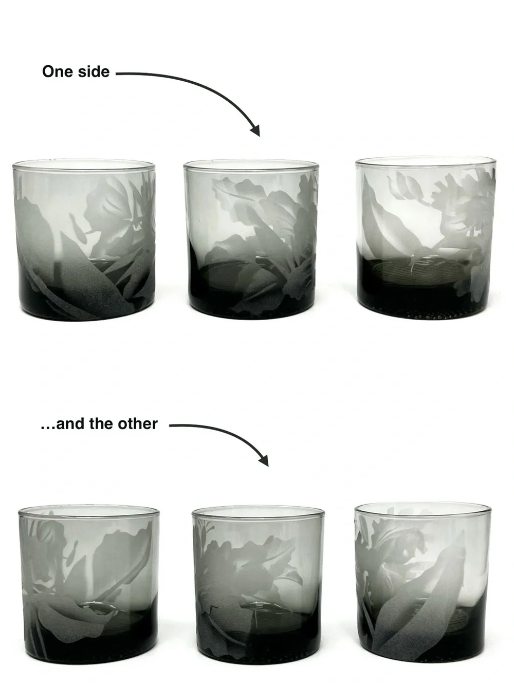 Vintage Frank Oda Smokey Lowball Drinking Glasses Botanical Etched Glass Vtg EUC
